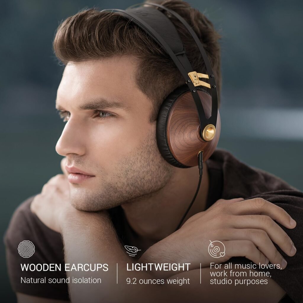 Meze 99 Classics Walnut Gold | Wired Wooden Closed-Back Headset for Audiophiles | Over-Ear Headphones with Mic and Self Adjustable Headband