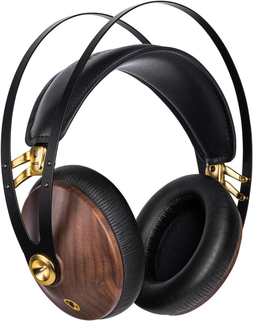 Meze 99 Classics Walnut Gold | Wired Wooden Closed-Back Headset for Audiophiles | Over-Ear Headphones with Mic and Self Adjustable Headband